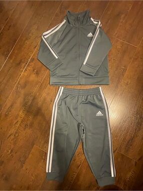 adidas Kids Gray Track Jacket and Joggers Set with White Stripes